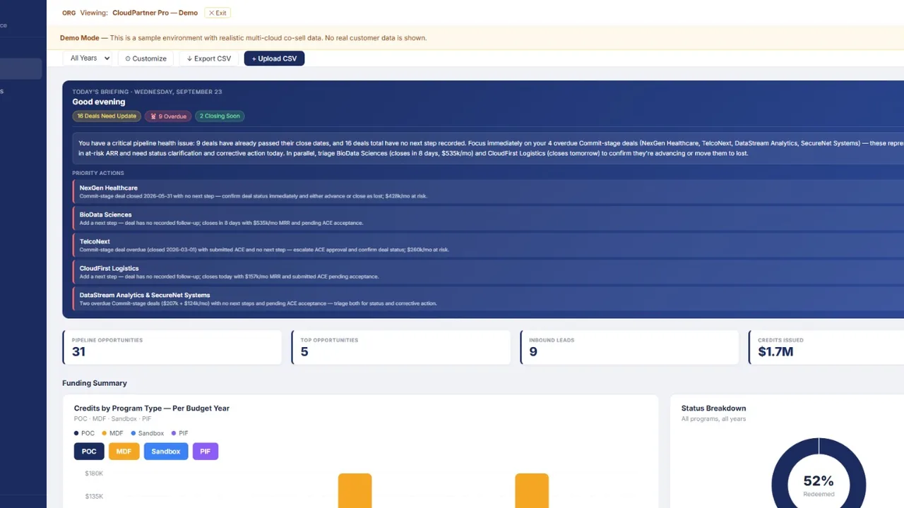 Vela partner overview with an AI co-sell briefing, pipeline KPIs and funding summary (demo data)