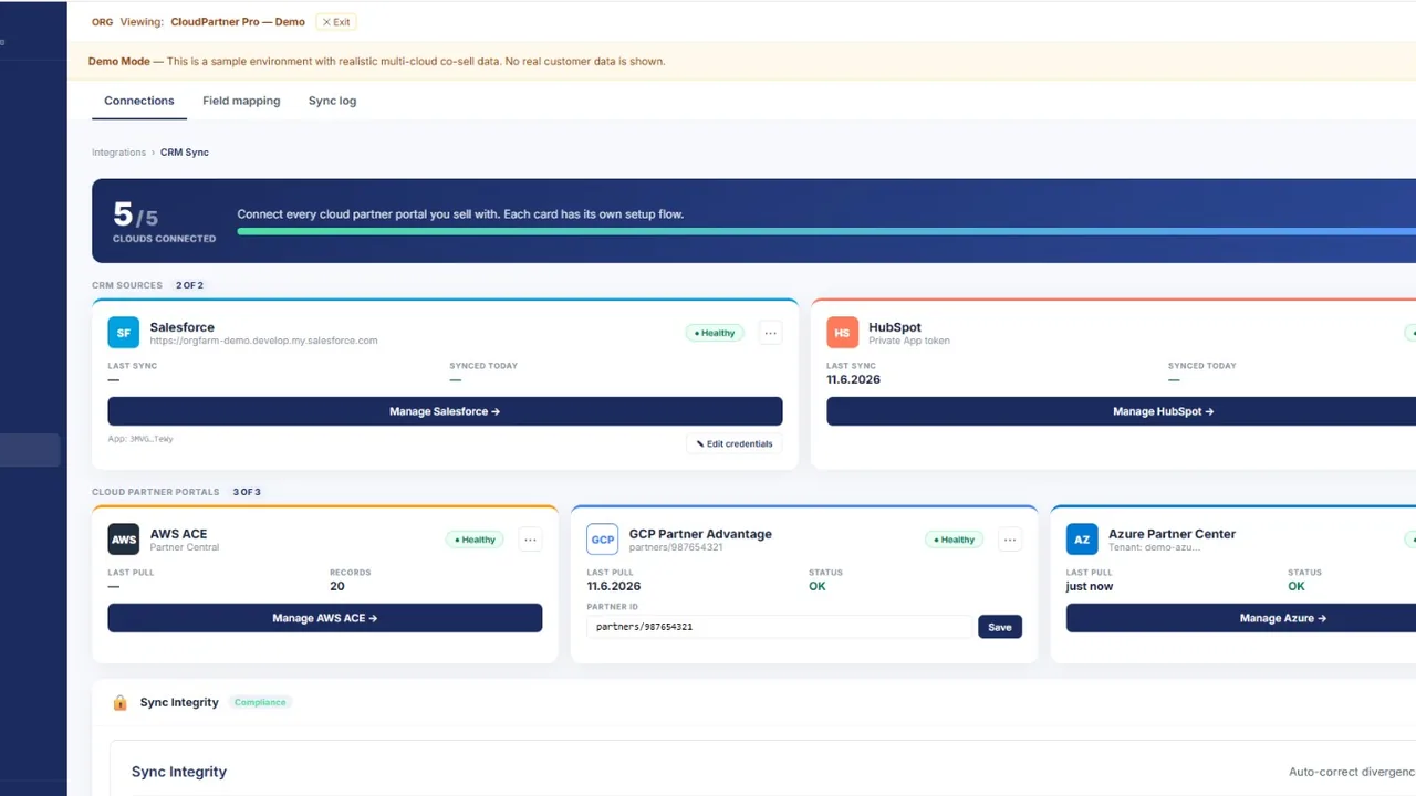 Vela CRM sync screen showing Salesforce, HubSpot, AWS, Google Cloud and Azure partner connections (demo data)